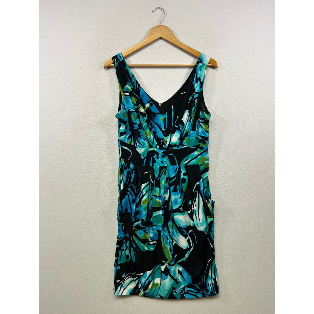 Bisou Bisou Tropical Floral Summer Womens 14W Blue Black Sleeveless Sheath Dress